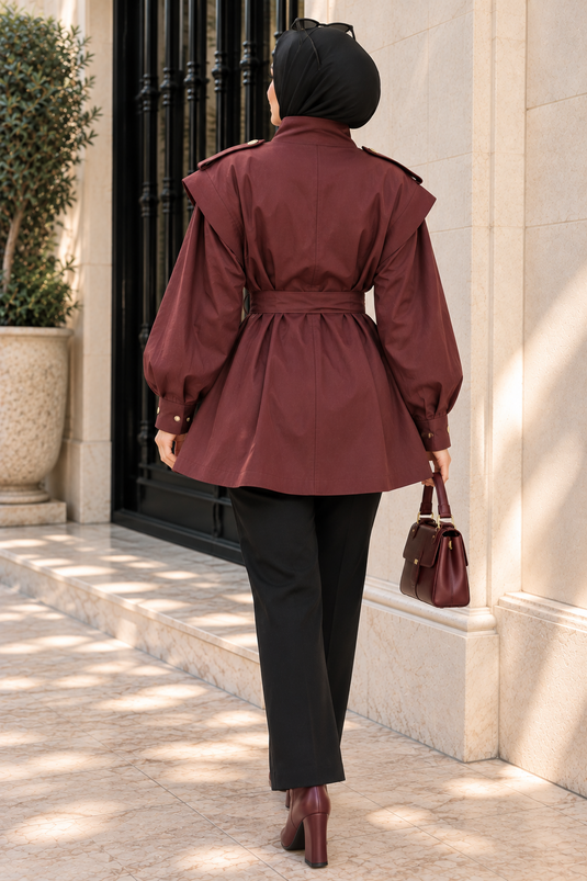 Burgundy Short Trench Coat With Epaulet Details And Stand Collar