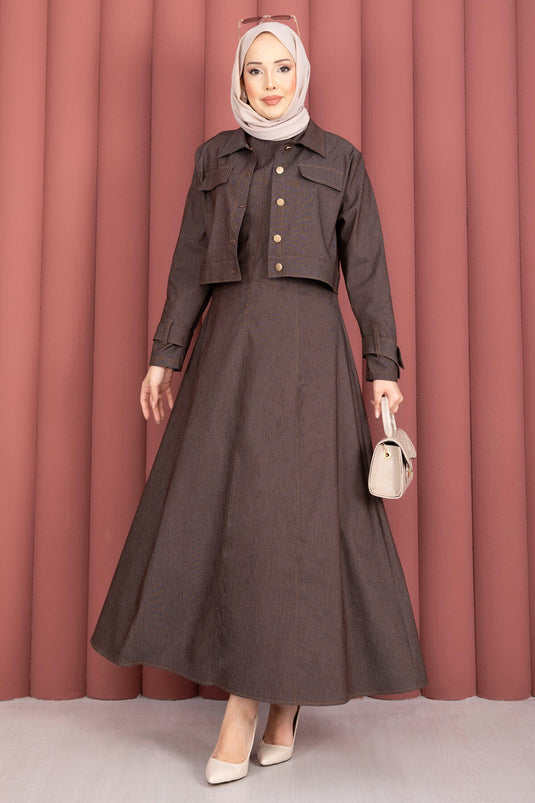 Dress with Epaulet Detail - Jacket and Jeans Two-Piece Set Brown