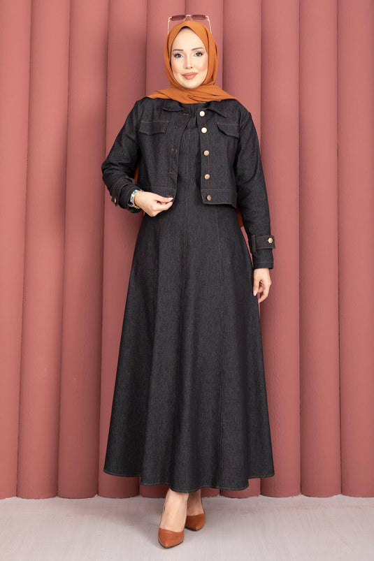 Conjunto de dos piezas con vestido y chaqueta vaquera con detalles de hombreras en negro