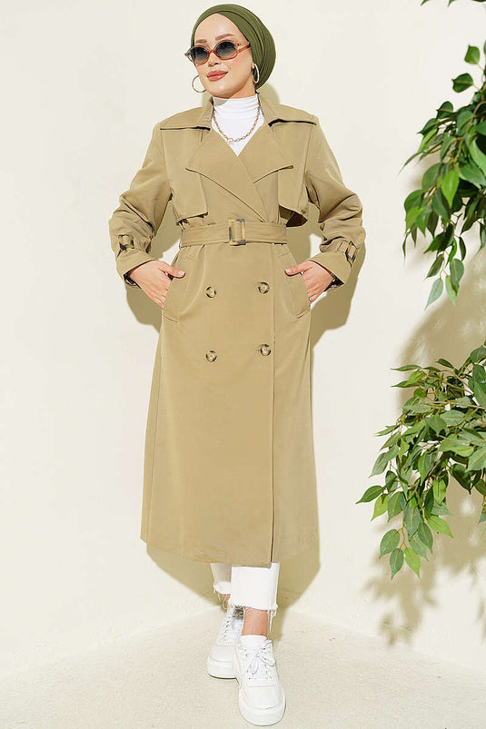 Long Trench Coat With Epaulet Details In Olive Green
