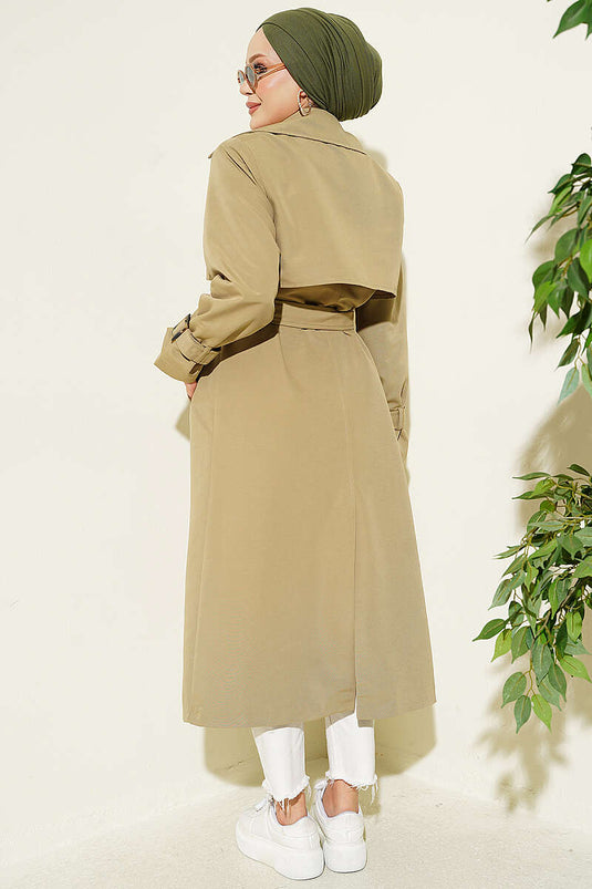 Long Trench Coat With Epaulet Details In Olive Green
