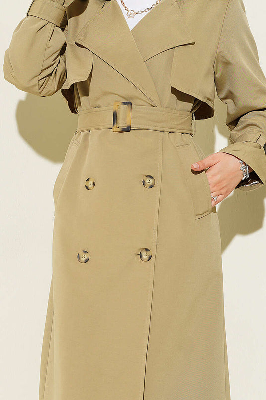 Long Trench Coat With Epaulet Details In Olive Green