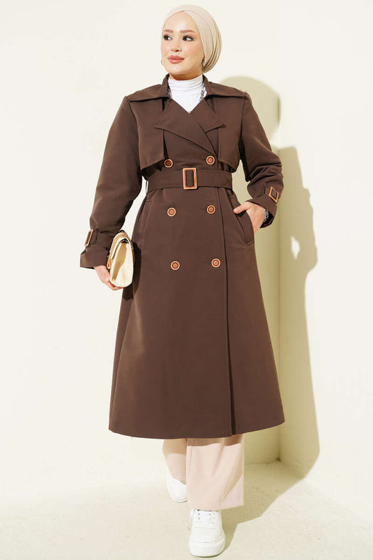 Long Trench Coat With Epaulet Details In Brown