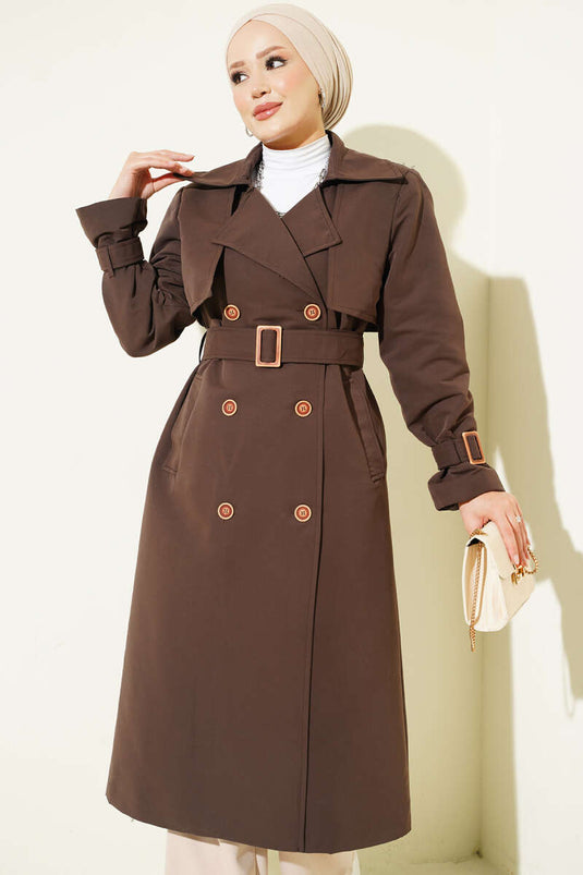 Long Trench Coat With Epaulet Details In Brown