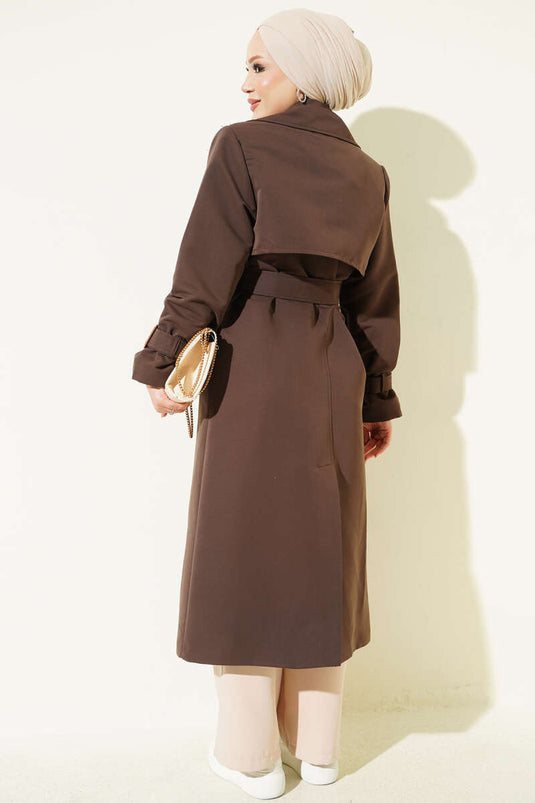 Long Trench Coat With Epaulet Details In Brown