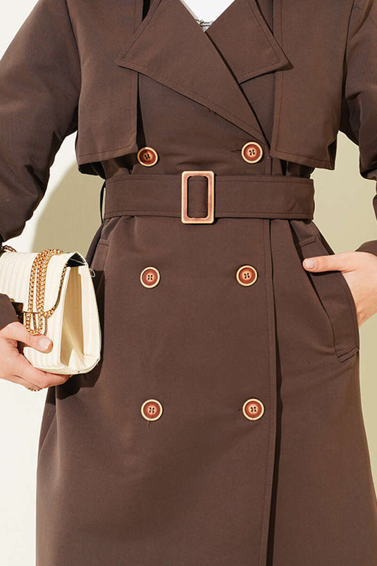 Long Trench Coat With Epaulet Details In Brown