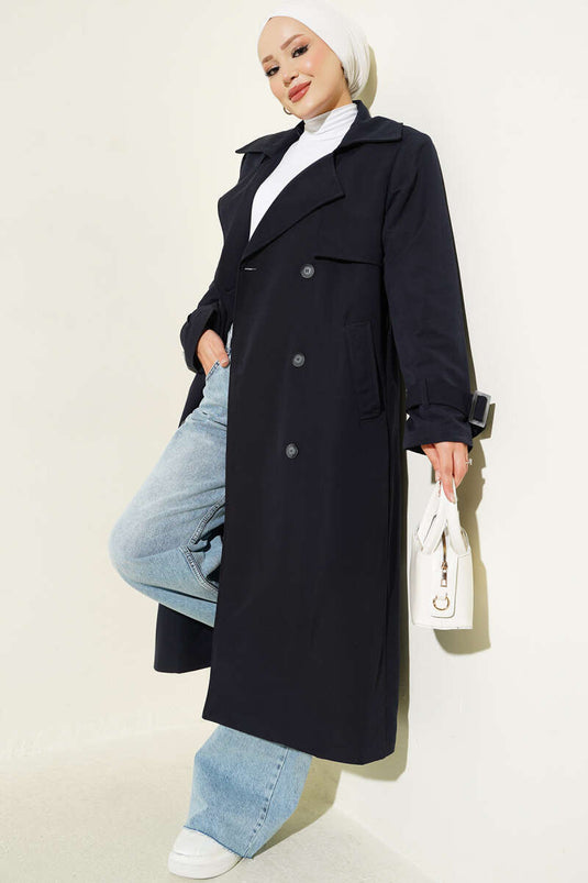 Long Trench Coat With Epaulet Details Navy
