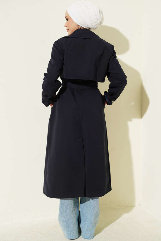 Long Trench Coat With Epaulet Details Navy