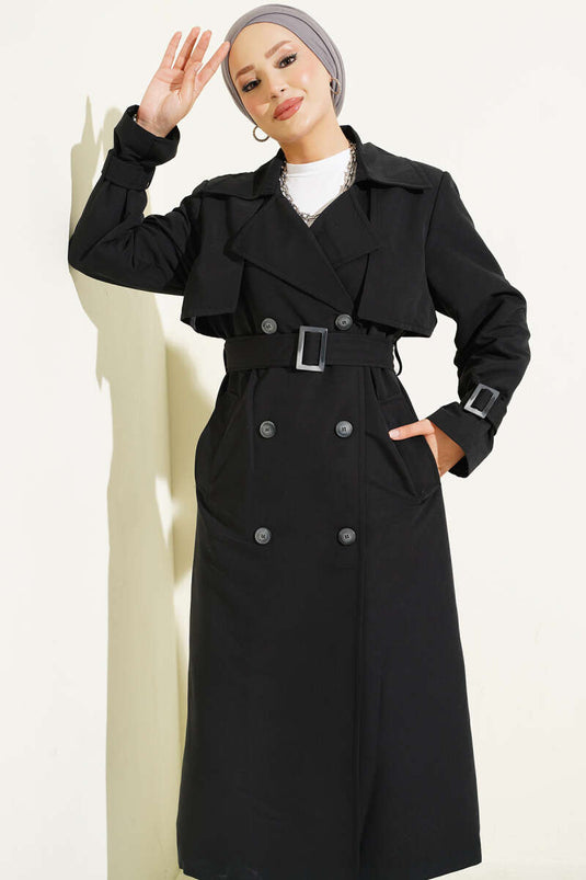 Cappotto Lungo Con Dettagli Epaulet Nero