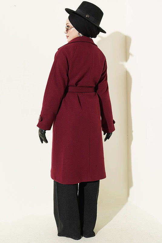 Cappotto Di Lana Borgogna Con Bottoni E Spalline