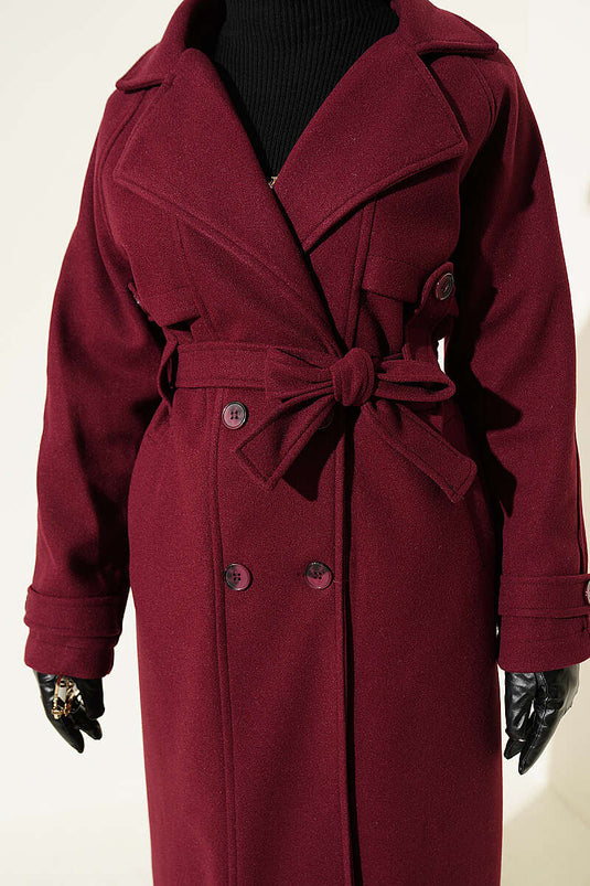 Cappotto Di Lana Borgogna Con Bottoni E Spalline
