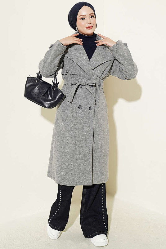 Cappotto Di Lana Grigio Con Bottoni E Spalline