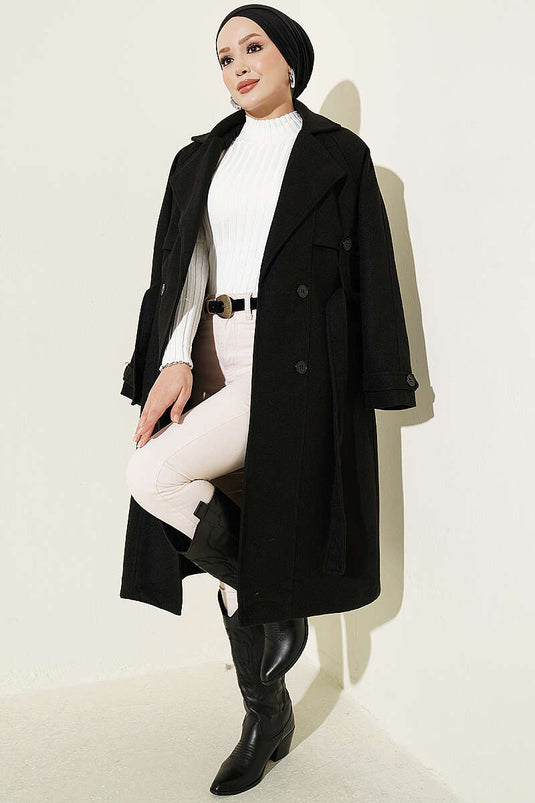 Black Wool Coat With Button Details And Epaulets