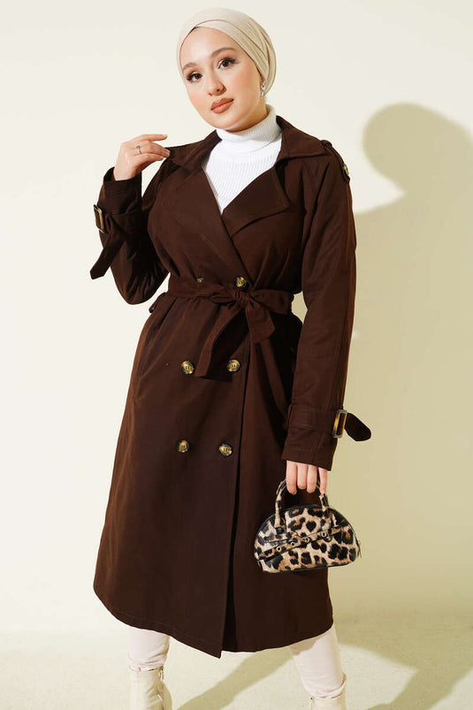 معطف ترنش مزدوج الصدر مع كتاف، بني مر