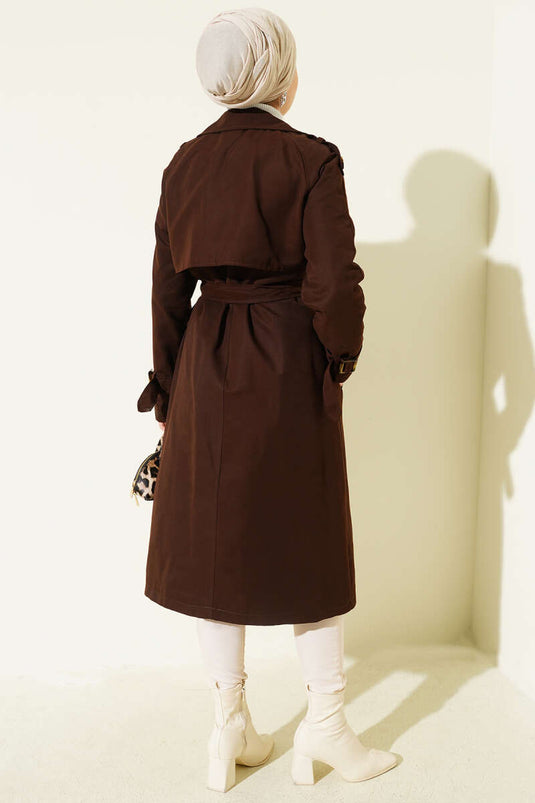 معطف ترنش مزدوج الصدر مع كتاف، بني مر