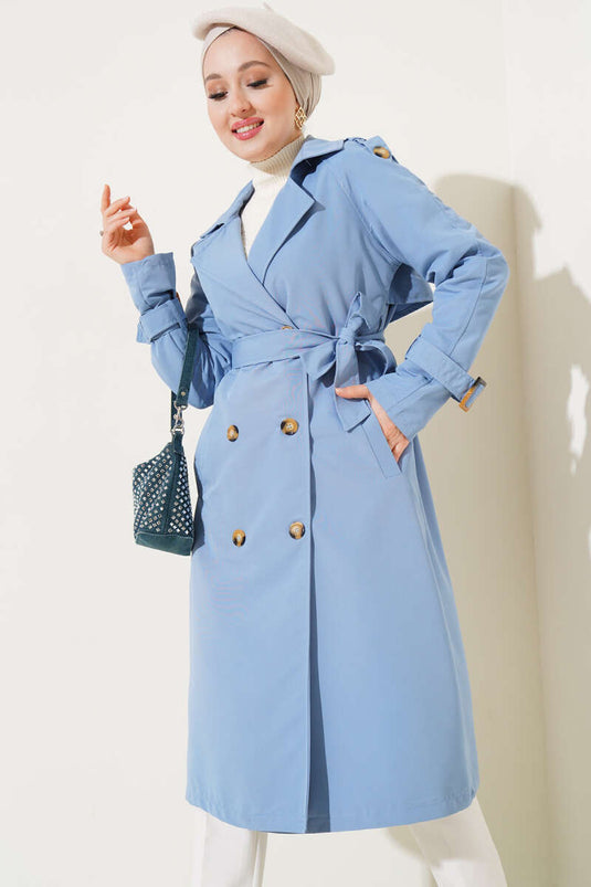 Trench-Coat Col Double Boutonnage Epaulette Bleu Bébé