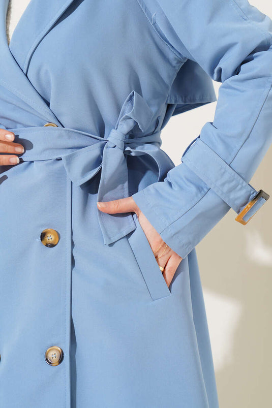 Trench-Coat Col Double Boutonnage Epaulette Bleu Bébé