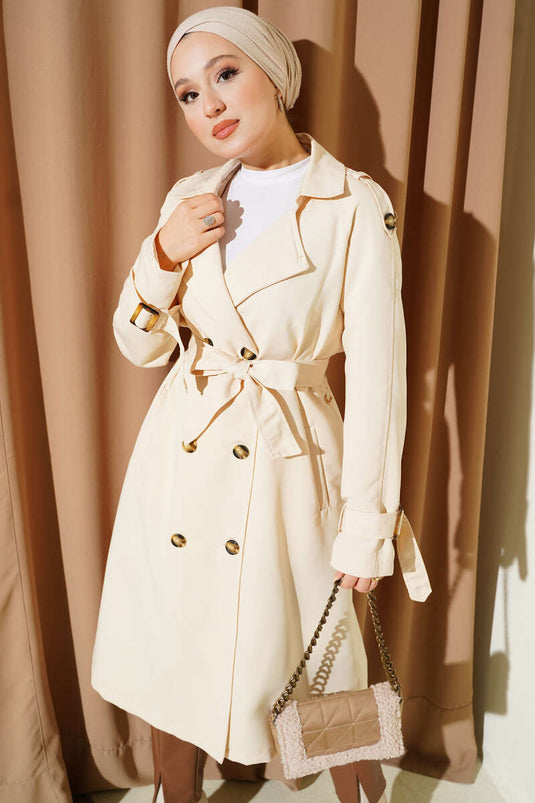 معطف ترنش مزدوج الصدر مع كتاف، بيج