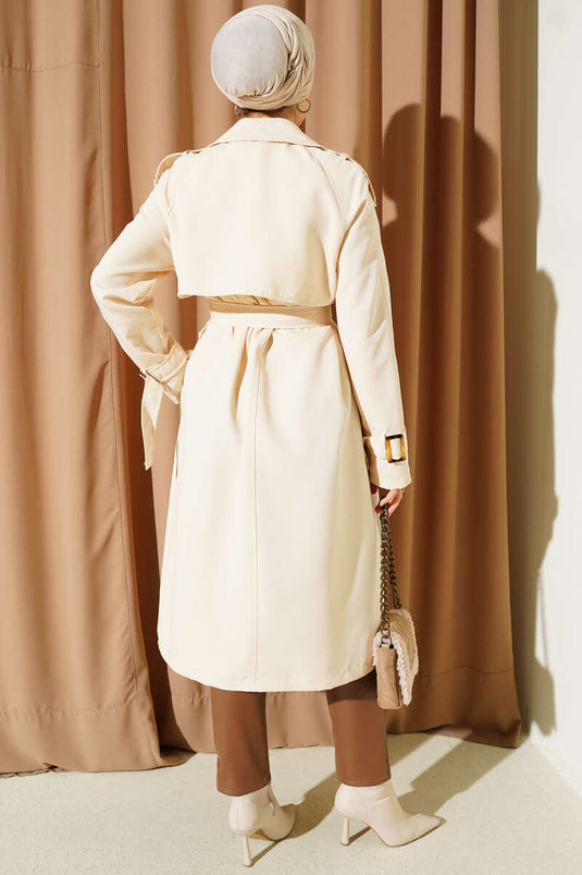 معطف ترنش مزدوج الصدر مع كتاف، بيج