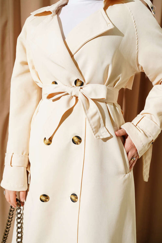 معطف ترنش مزدوج الصدر مع كتاف، بيج