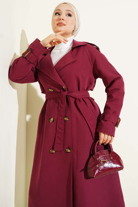 معطف ترنش مزدوج الصدر مع كتاف، لون عنابي