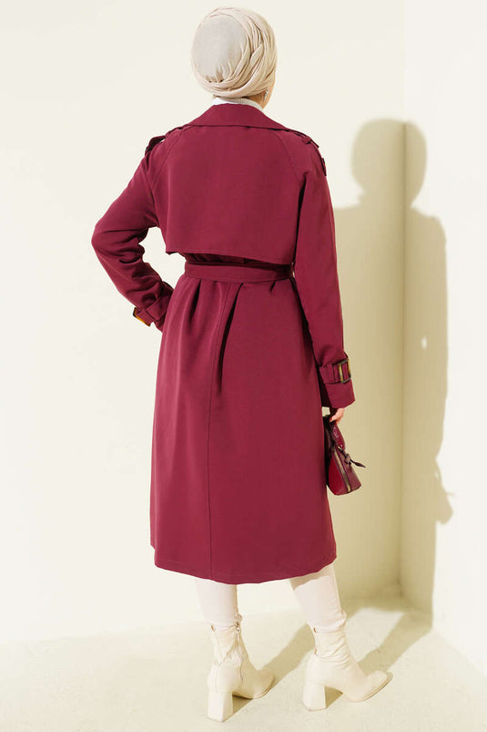 معطف ترنش مزدوج الصدر مع كتاف، لون عنابي