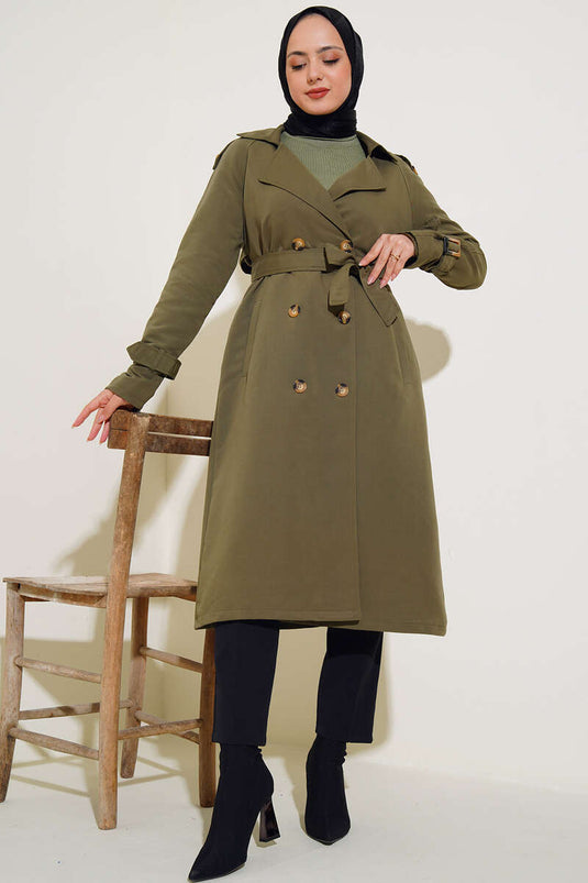 Zweireihiger Trenchcoat mit Schulterklappen, Khaki