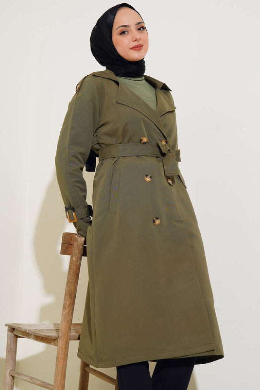 معطف ترنش مزدوج الصدر مع كتاف باللون الكاكي