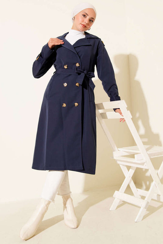 Double-breasted Trench Coat with Epaulettes Navy Blue