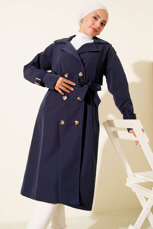 Double-breasted Trench Coat with Epaulettes Navy Blue