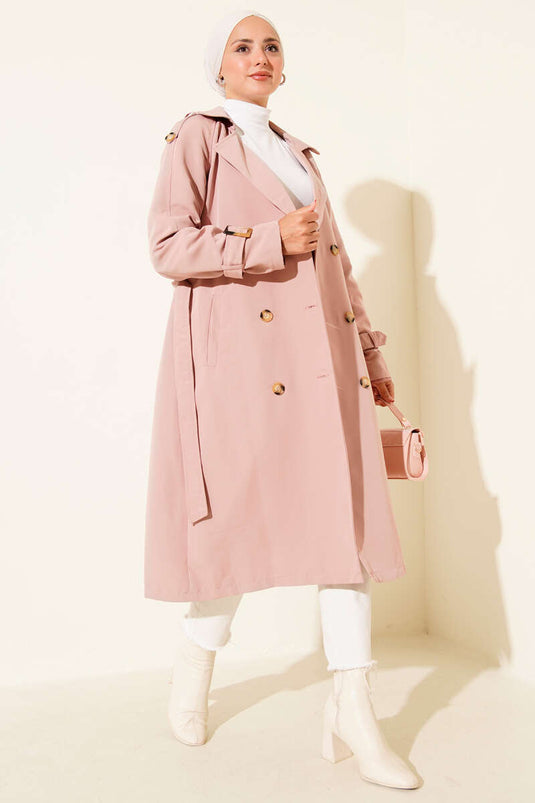 Epaulette Double Breasted Trench Coat Powder