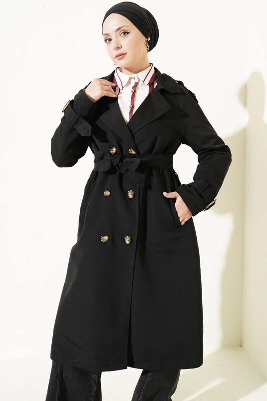 Black Double-Breasted Trench Coat With Epaulets