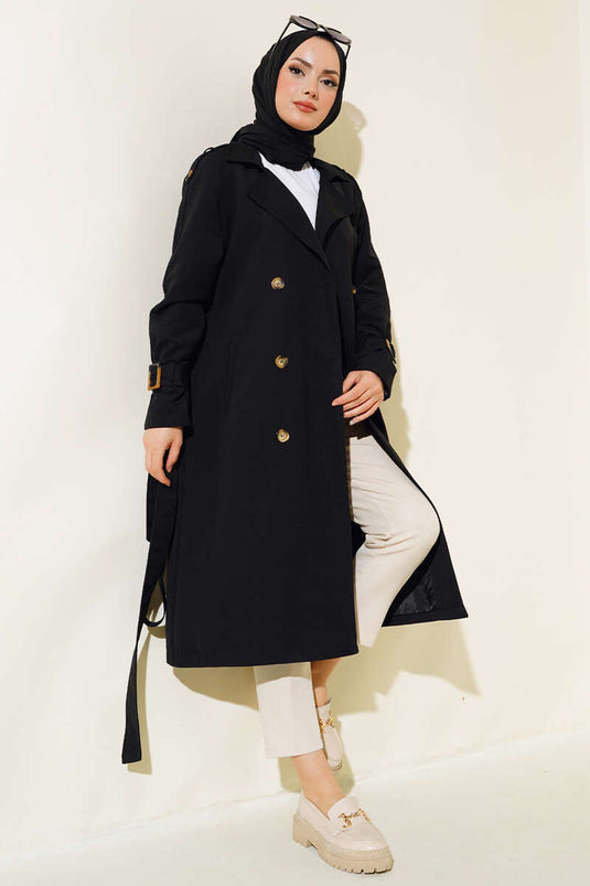 معطف ترنش مزدوج الصدر مع كتاف باللون الأسود