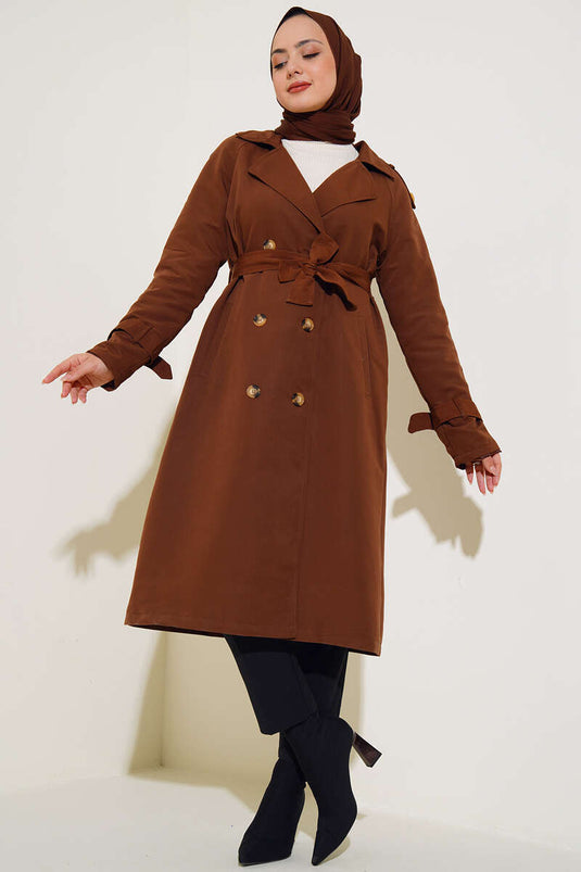 معطف ترنش مزدوج الصدر مع كتاف، لون بني