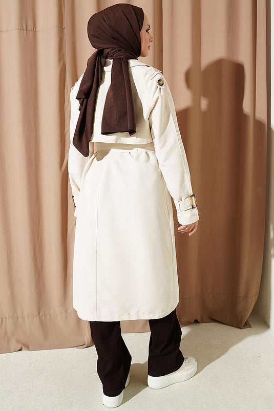 Belted Wrap Collar Trench Coat With Embellishments