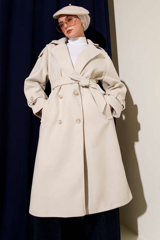 Belted Epauletted Cashmere Coat Beige