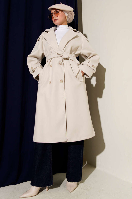 Belted Epauletted Cashmere Coat Beige