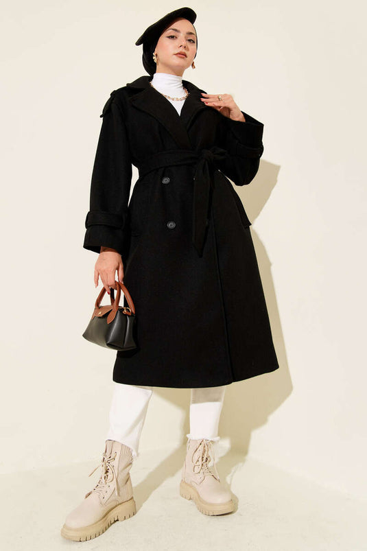 Belted Epauletted Cashmere Coat Black