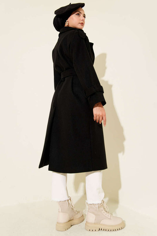 Belted Epauletted Cashmere Coat Black