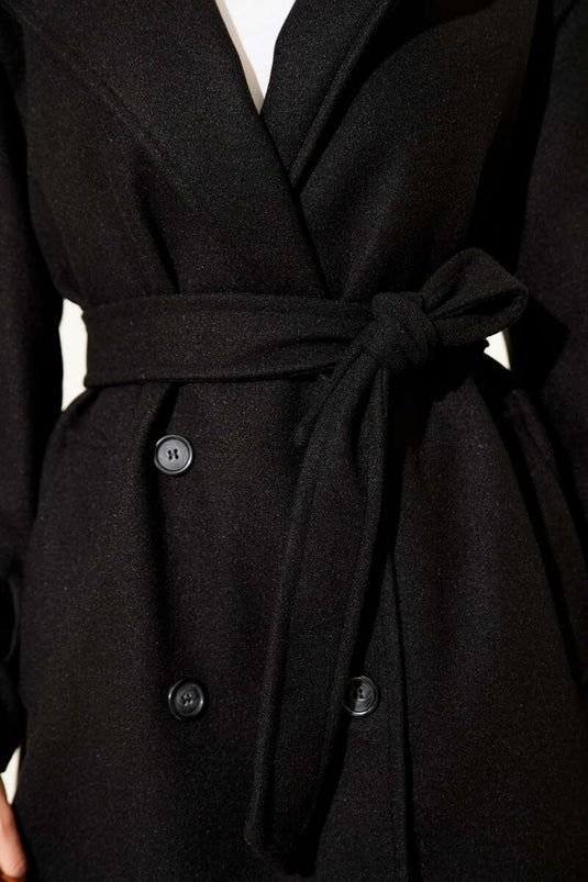 Belted Epauletted Cashmere Coat Black