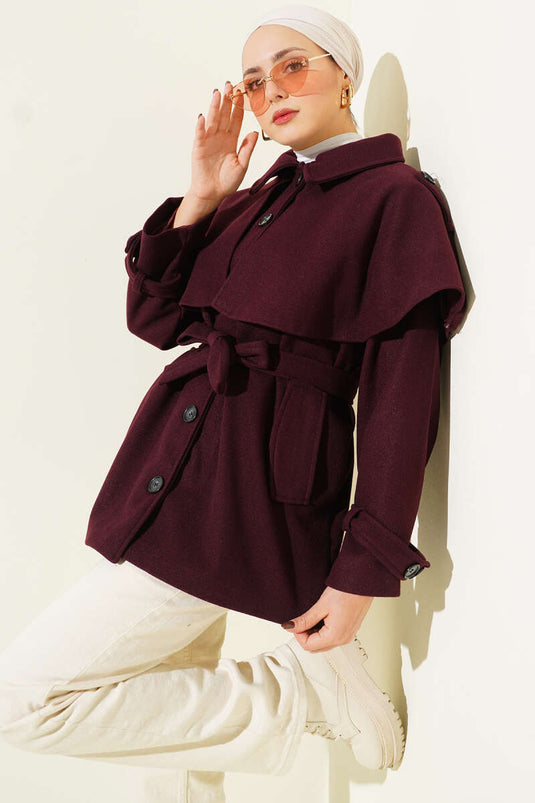 Burgundy Short Cashmere Coat with Epaulette and Cape