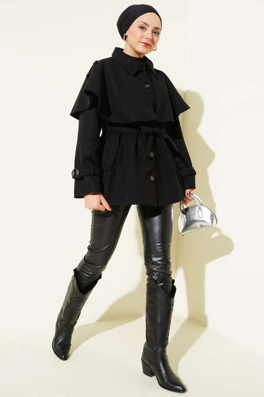 Manteau court en cachemire avec cape à épaulettes, noir.