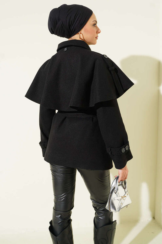 Manteau court en cachemire avec cape à épaulettes, noir.