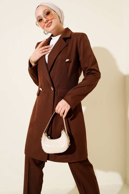 Veste blazer croisée marron, costume deux pièces