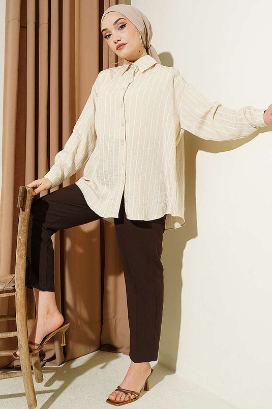 Arka Doppel-Falten Gestreiftes Hemd Beige