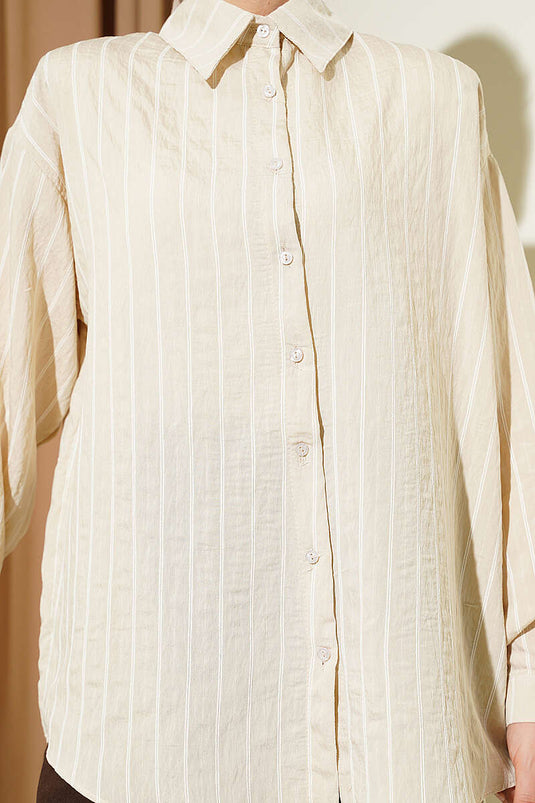 Arka Doppel-Falten Gestreiftes Hemd Beige