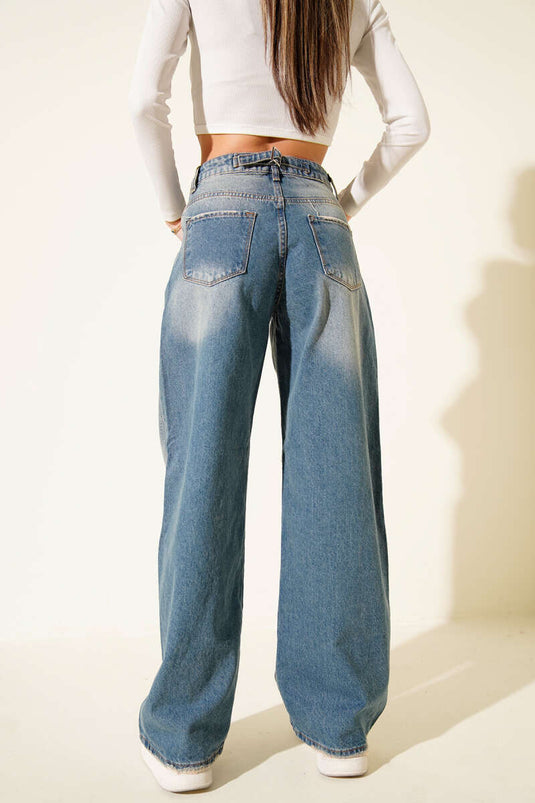 Back Buckled Wide-Leg Loose Denim Trousers Light Blue