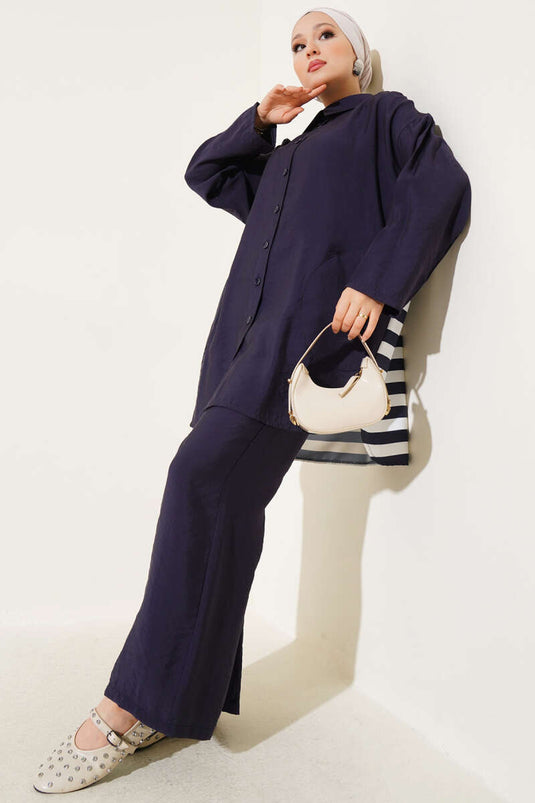 Arkası Çizgi Detaylı İkili Takım Lacivert