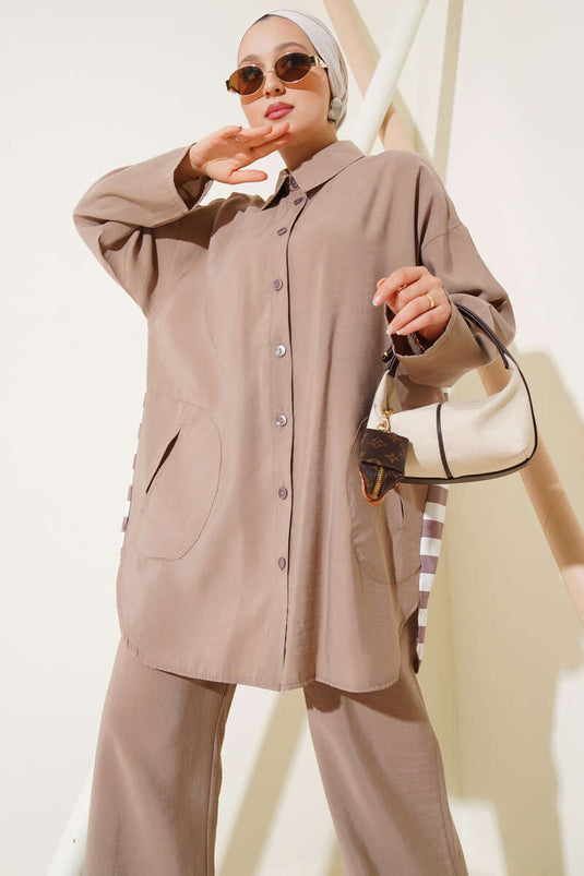 Arkası Çizgi Detaylı İkili Takım Vizon