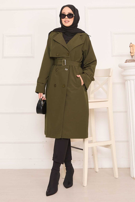 Trench-coat hijab amovible avec ceinture et détails boutonnés dans le dos, kaki